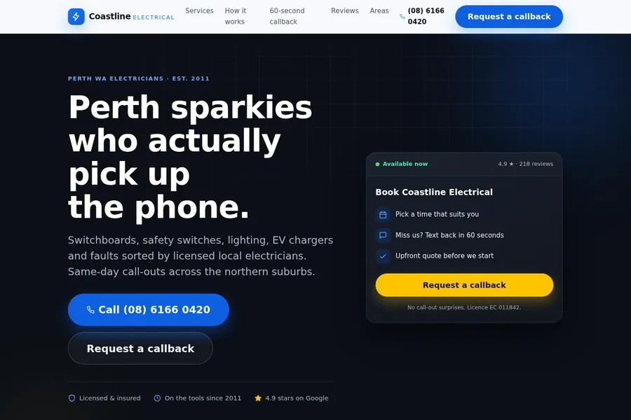 Coastline Electrical, a demo electrician website template