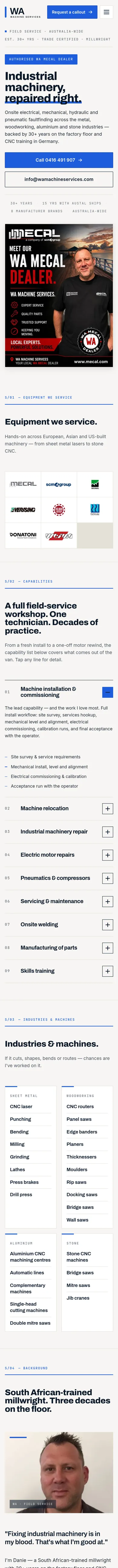 The WA Machine Services homepage on a phone, full length